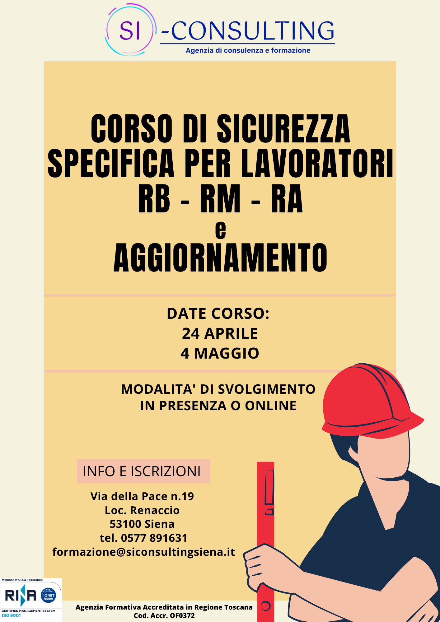 Corso di sicurezza specifica lavoratori RB, RM, RA e aggiornamento