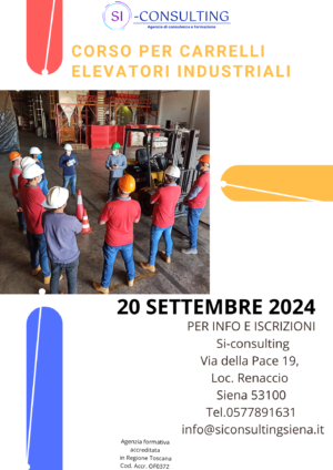 Inizio corso: 20 Settembre 2024 Durata corso: 12 ore Modalità di svolgimento: in presenza Qualifica: verrà rilasciato un attestato di abilitazione (anche chiamato patentino muletto o patentino carrellista) conforme ai requisiti previsti dall’Accordo Stato Regioni sancito il 22/02/2012, previe verifiche di apprendimento, così come previste dall’Accordo stesso.